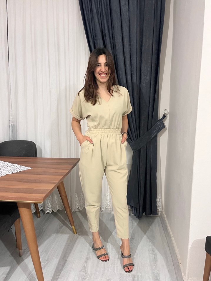 Bej Kadın Midi Tulum, Kısa Kollu, Regular Fit - Görsel 2