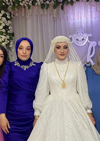 Abiye Uzun Kollu, Yüksek Yakalı Morcivert Tesettür Abiye Elbisesi