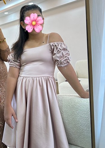 Pudra Pembe Midi Straplez Abiye Elbise