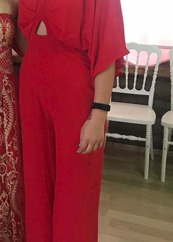 Kırmızı Uzun Kollu V Yaka Kadın Tulum
