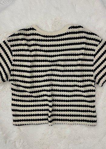 Kadın Beyaz Gri Kısa Kollu Triko Kazak - Görsel 2