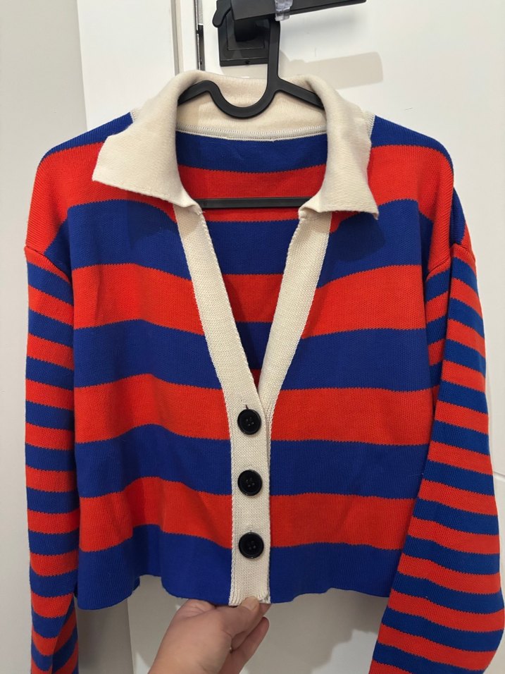 Renkli Çizgili Düğmeli Kadın Triko - Görsel 2