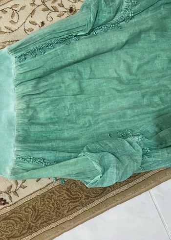 m Beden Nakış Detaylı Turkuaz Uzun Keten Etek