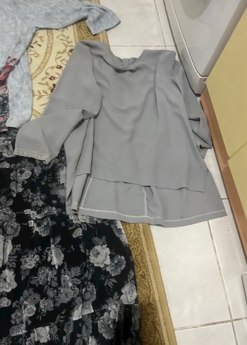 Gri Keten etek Bluzu, Uzun Kollu, ceket