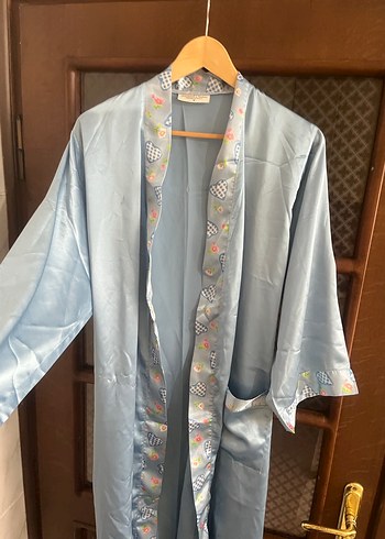 Uzun Mavi Vintage Bohem Kadın Sabahlık saten ipek - Görsel 2