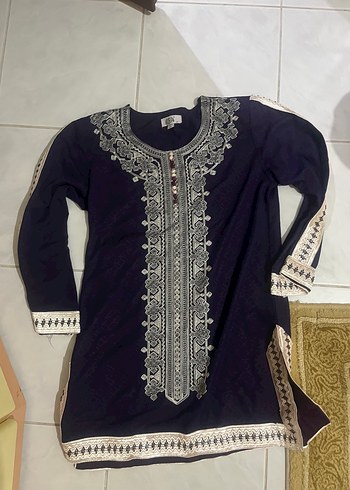 Nakışlı Boncuklu Uzun Lacivert koyu mor rengi Bohem Tunik bluz