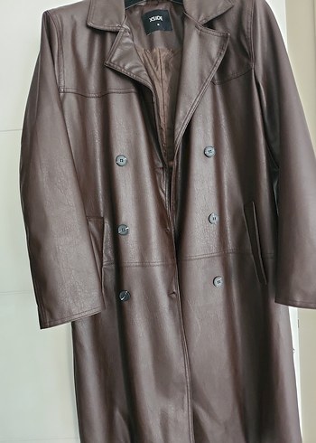 Düğmeli Kahverengi Deri Kadın Trençkot - Görsel 8