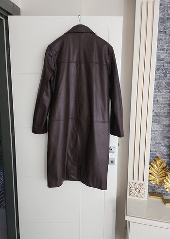 Düğmeli Kahverengi Deri Kadın Trençkot - Görsel 3