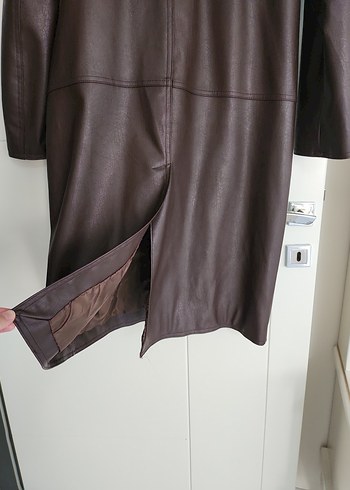 Düğmeli Kahverengi Deri Kadın Trençkot - Görsel 4