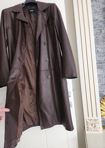 Düğmeli Kahverengi Deri Kadın Trençkot - Görsel 5