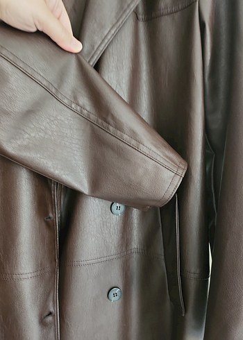 Düğmeli Kahverengi Deri Kadın Trençkot - Görsel 7