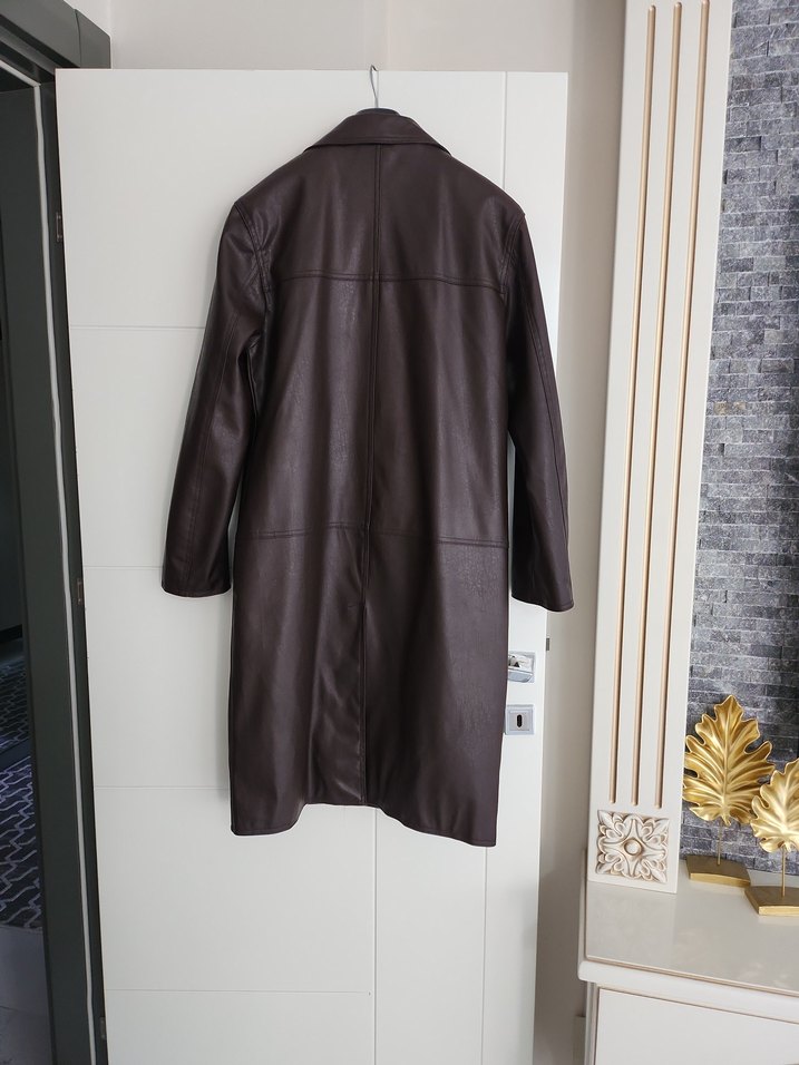 Düğmeli Kahverengi Deri Kadın Trençkot - Görsel 3