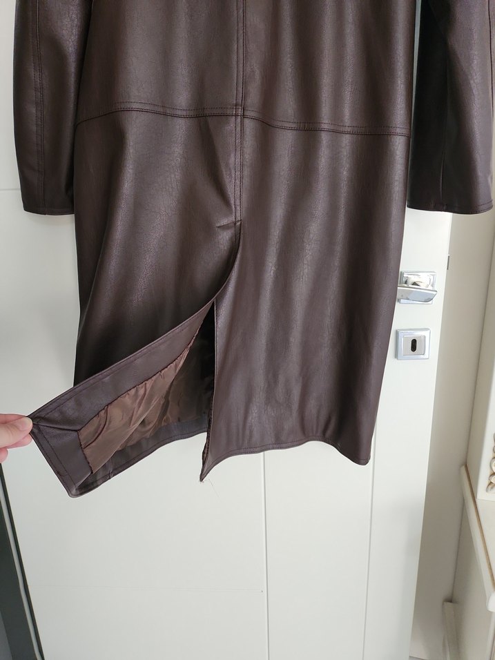 Düğmeli Kahverengi Deri Kadın Trençkot - Görsel 4