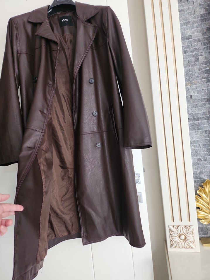 Düğmeli Kahverengi Deri Kadın Trençkot - Görsel 5