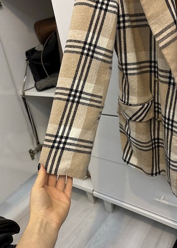s Beden ten rengi Renk Bej Ekose Desenli Kadın Blazer Ceket