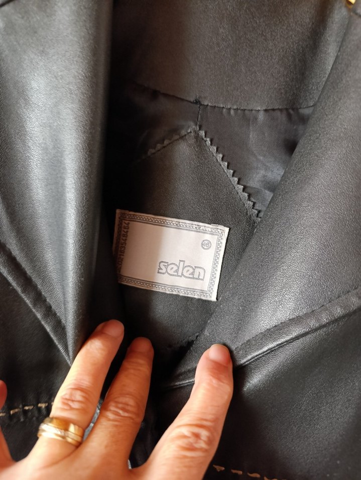 siyah Kadın Deri Ceket Düğmeli Notch Yaka - Görsel 4