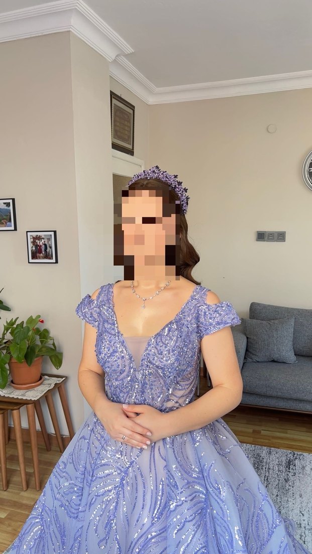 Mor İşlemeli Uzun Abiye Elbise - Görsel 2