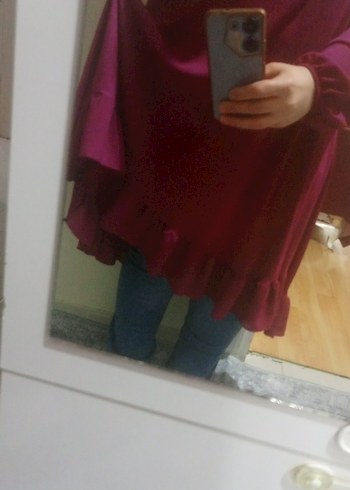 Bordo Uzun Kollu Fırfırlı Tunik genis - Görsel 3