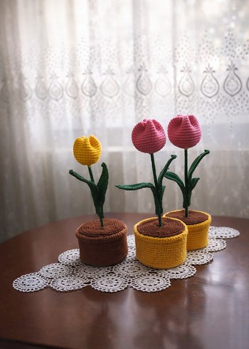 El Yapımı Sarı Lale Dekoratif Saksı - Görsel 3