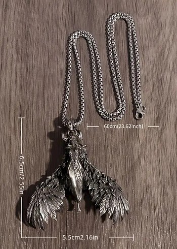 Koyu Gri Kanatlı Gotik Uzun Kolye - Görsel 2