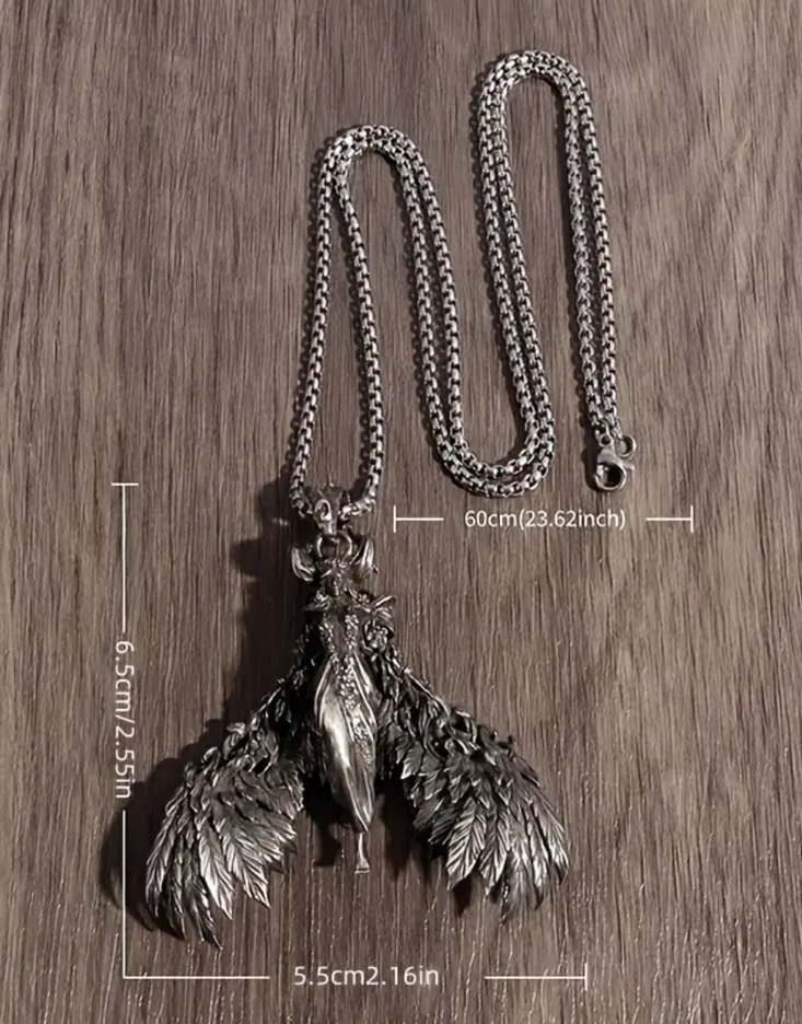Koyu Gri Kanatlı Gotik Uzun Kolye - Görsel 2