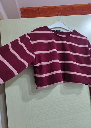 Bordo Çizgili Triko Kadın Kazak - Görsel 3