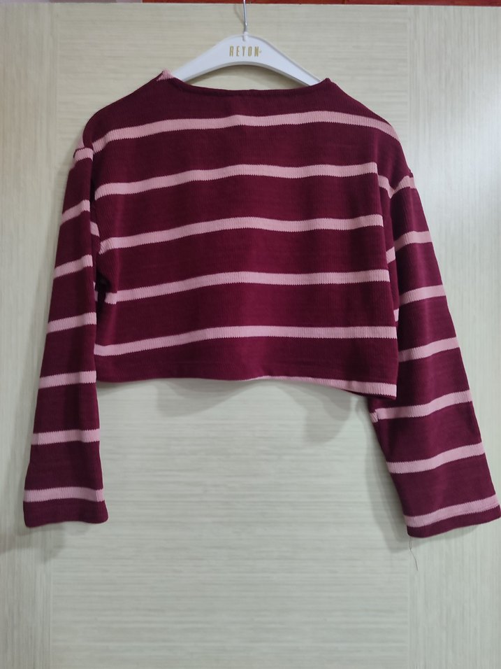 Bordo Çizgili Triko Kadın Kazak - Görsel 2