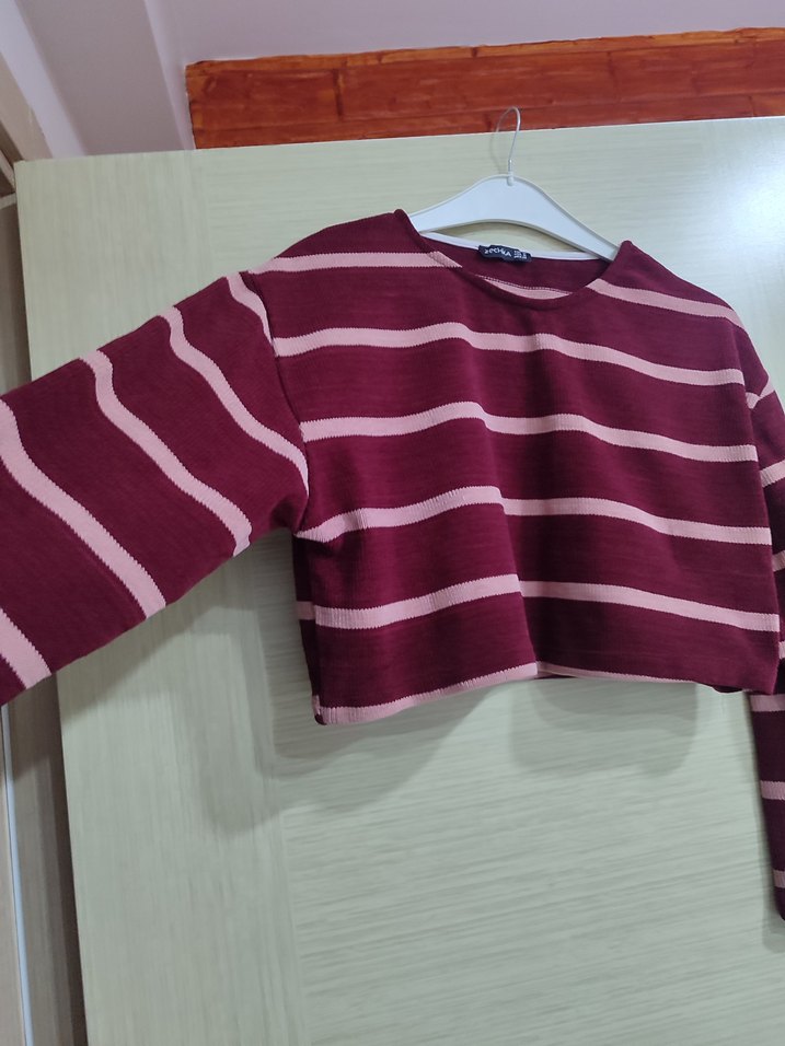 Bordo Çizgili Triko Kadın Kazak - Görsel 3