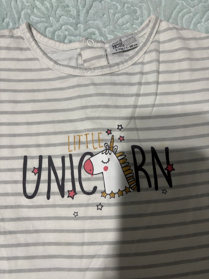 Kız Çocuk Gri Çizgili Unicorn Tişört - Görsel 2