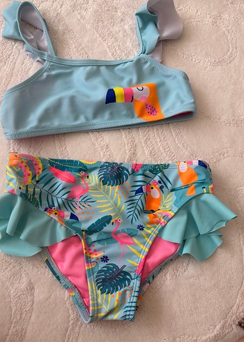 Turkuaz Tropikal Desenli Kız Bikini