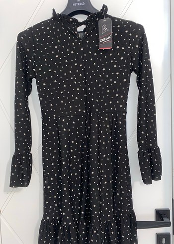 Uzun Kollu Siyah Yıldız Desenli Kız Elbisesi - Görsel 2