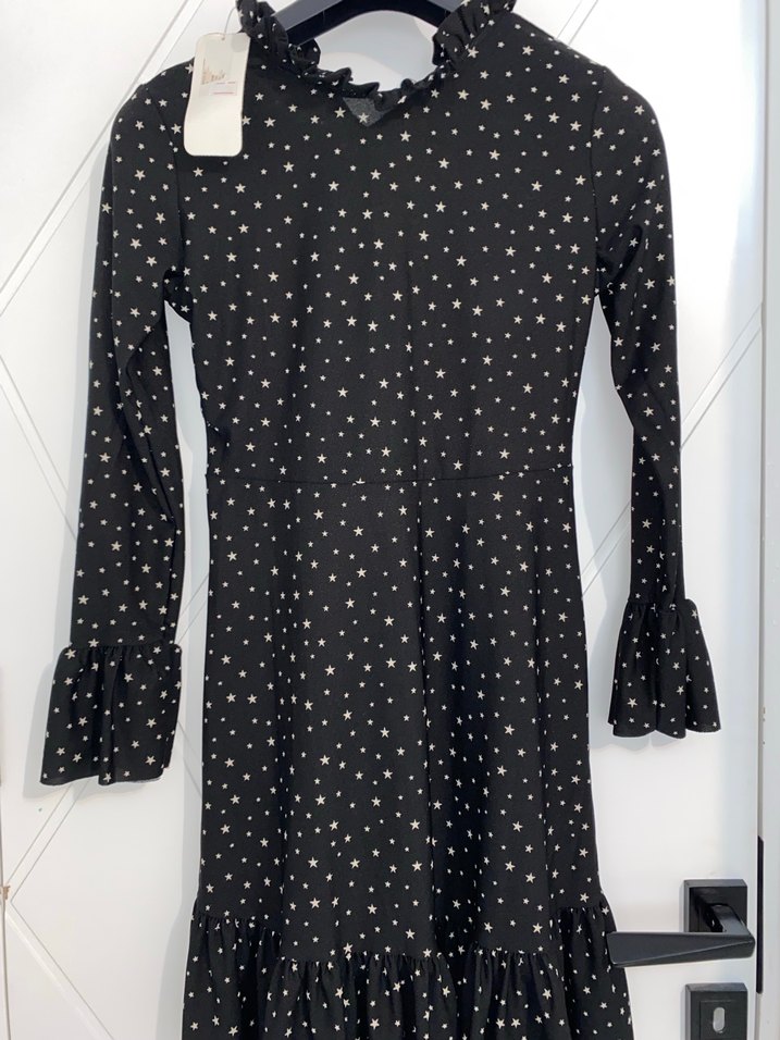 Uzun Kollu Siyah Yıldız Desenli Kız Elbisesi - Görsel 3
