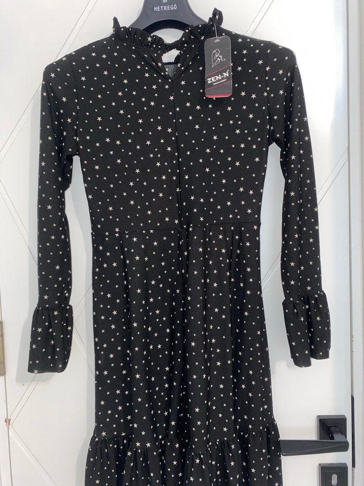 Uzun Kollu Siyah Yıldız Desenli Kız Elbisesi - Görsel 2