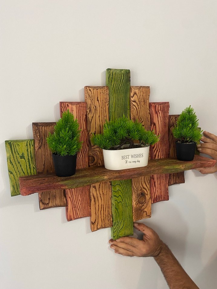 Yeşil Ahşap Duvar Rafı ve Saksı Seti - Görsel 2