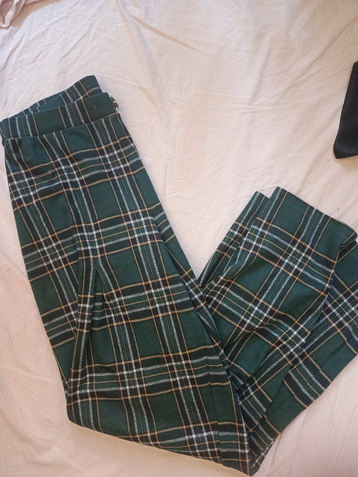 Kadın Yeşil Ekose Kumaş Pantolon - Görsel 2