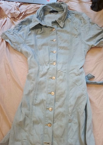 Düğmeli Açık Mavi Kot Mini Elbise - Görsel 2