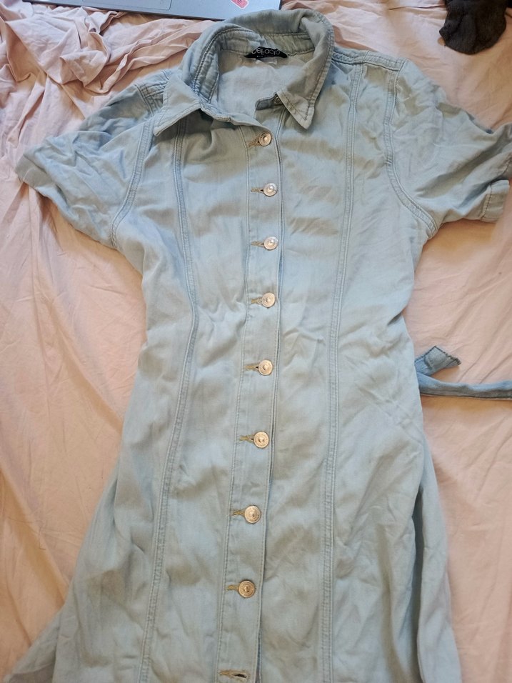 Düğmeli Açık Mavi Kot Mini Elbise - Görsel 2