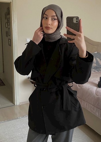 Kadın Siyah Midi Trençkot Kemerli - Görsel 2