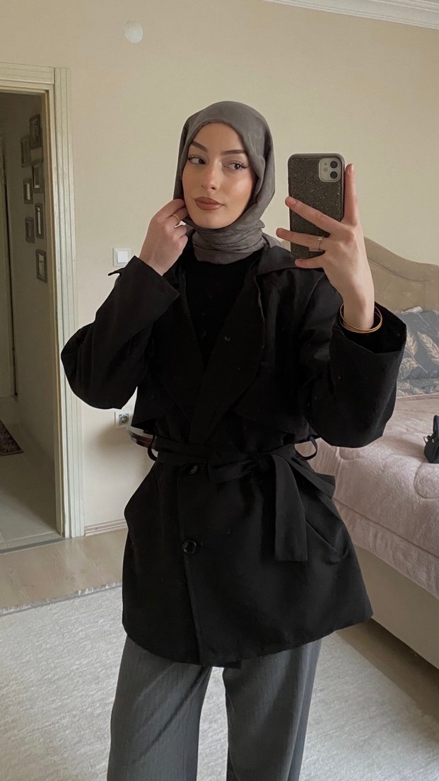 Kadın Siyah Midi Trençkot Kemerli - Görsel 2