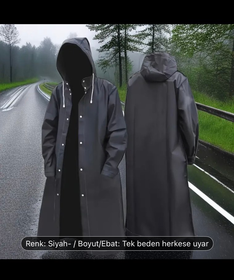 Siyah Kapüşonlu Uzun erkek ,kadınYağmurluk - Görsel 2