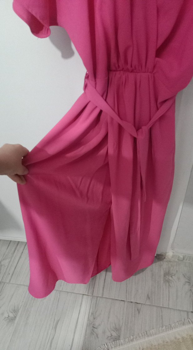 Pembe Uzun V Yaka Salaş Elbise - Görsel 2