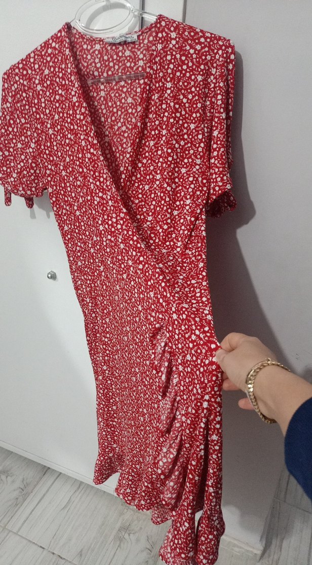 Kısa Kırmızı V Yaka Drapeli Kadın Elbise - Görsel 2