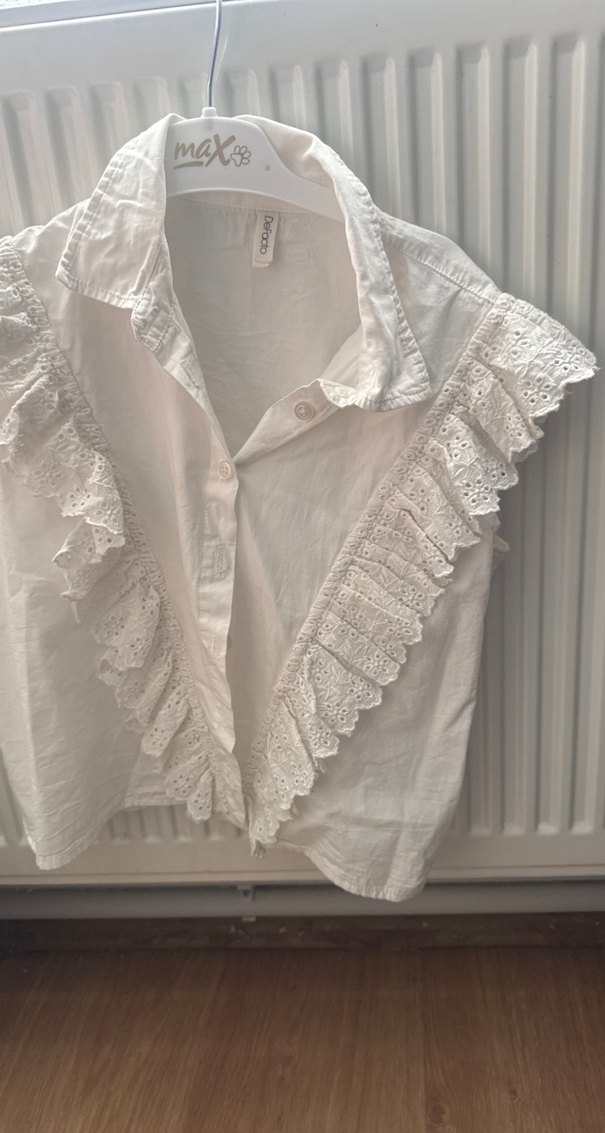 Nakışlı Fırfırlı Kısa Kollu Keten Gömlek - Görsel 2