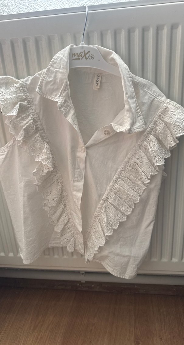 Nakışlı Fırfırlı Kısa Kollu Keten Gömlek - Görsel 3