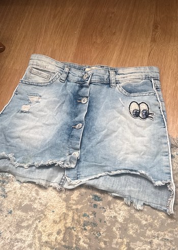 Dantelli Nakışlı Mavi Mini Kot Etek - Görsel 5