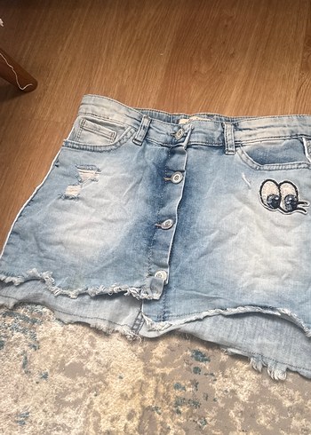 Dantelli Nakışlı Mavi Mini Kot Etek - Görsel 4