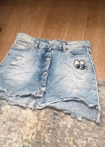 Dantelli Nakışlı Mavi Mini Kot Etek - Görsel 3