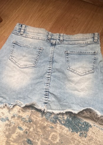 Dantelli Nakışlı Mavi Mini Kot Etek - Görsel 2