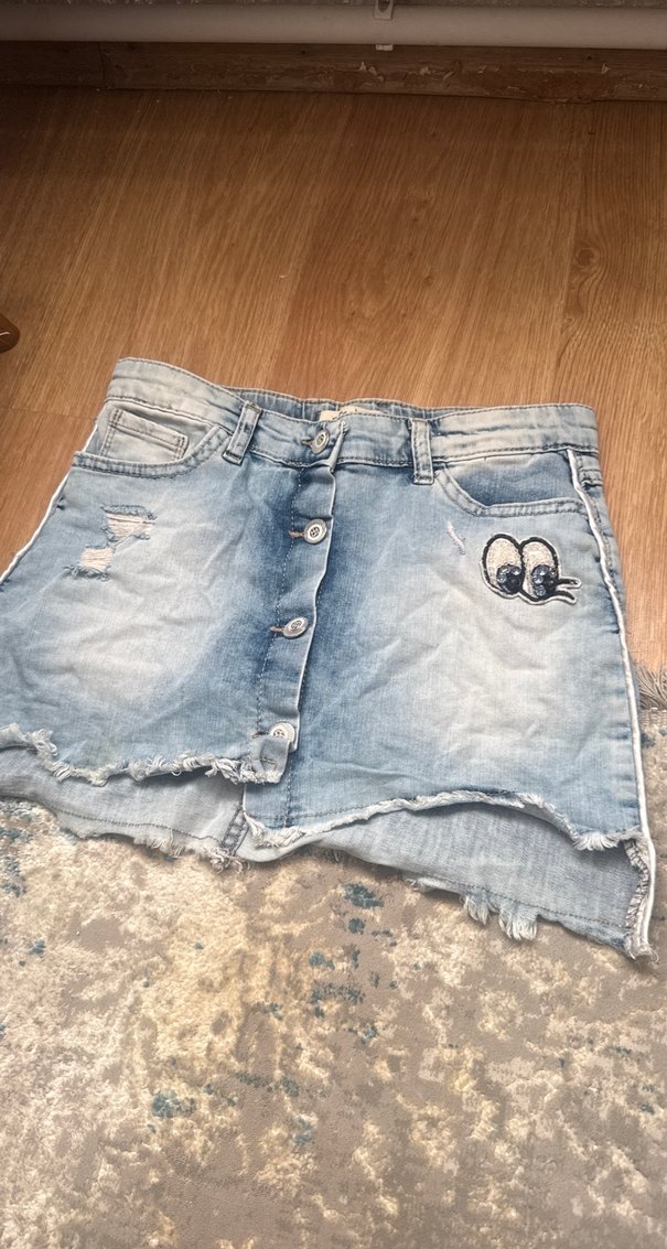 Dantelli Nakışlı Mavi Mini Kot Etek - Görsel 5