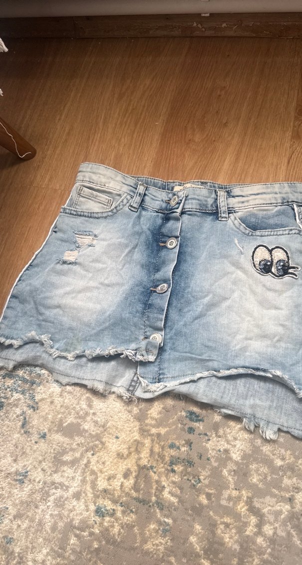 Dantelli Nakışlı Mavi Mini Kot Etek - Görsel 4